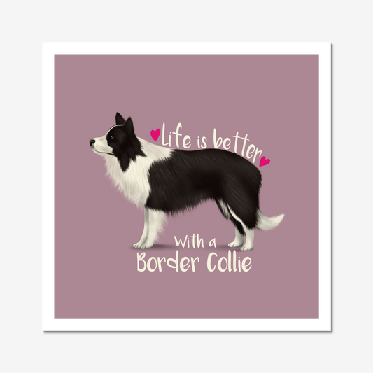 Border Collie illustration with with text "life is better with a Border Collie.