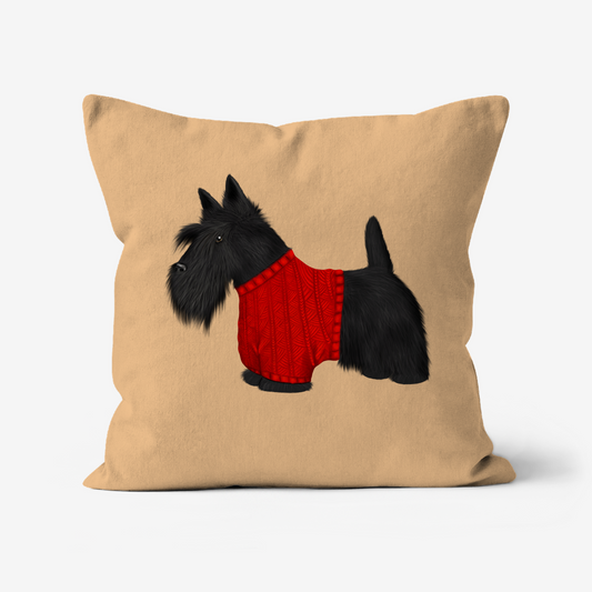 Scottish Terrier in Jumper on cushion illustrated by Kitty's Art.